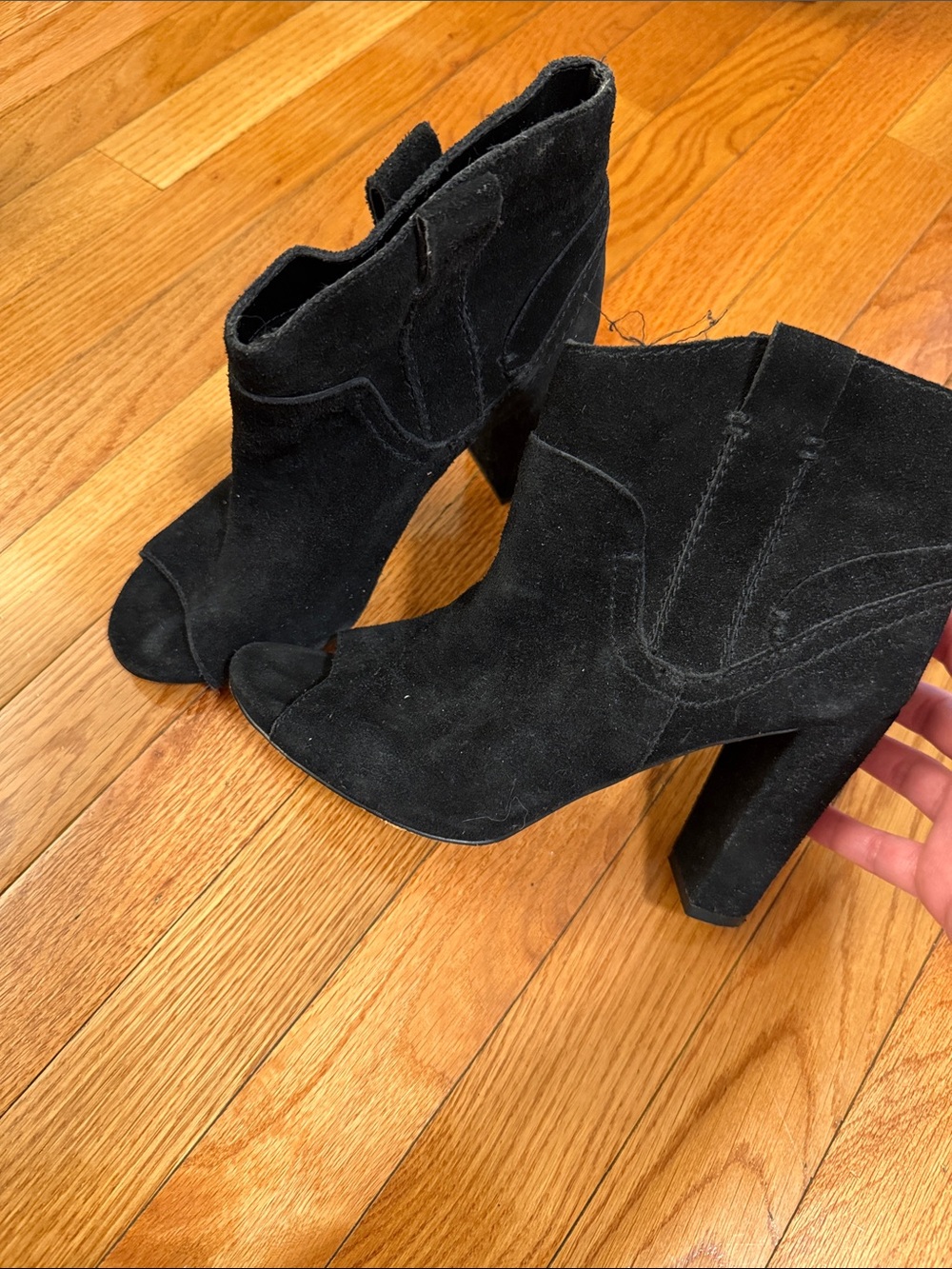 Vince Camuto Black Suede Peep-Toe Block Heel Ankle Boots